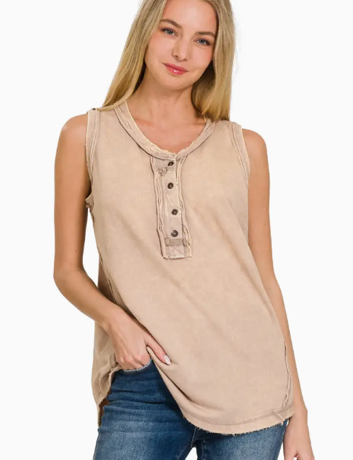 Washed Half Button Raw Edge Henley Top