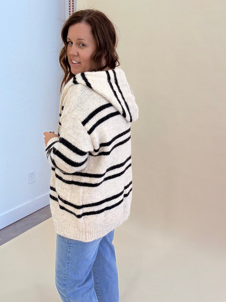 Horizontal Stripes Hoodie Cardigan