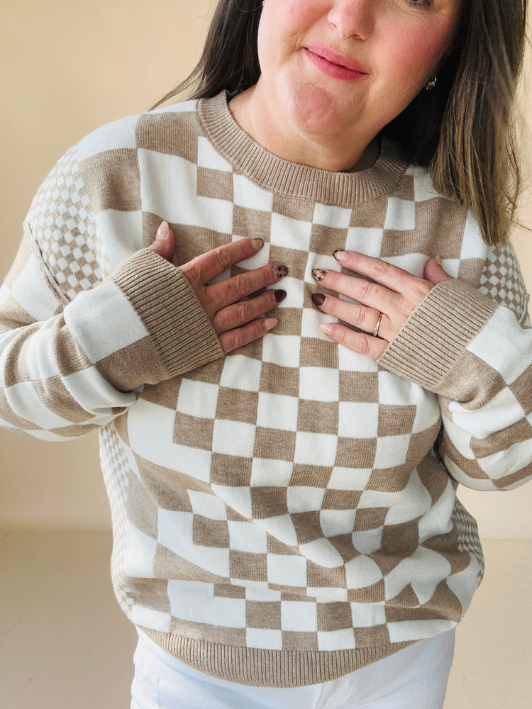 Checkered Print Drop Shoulder Round Neck Sweater