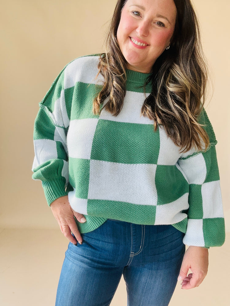 Checkered Bishop Sleeve Sweater