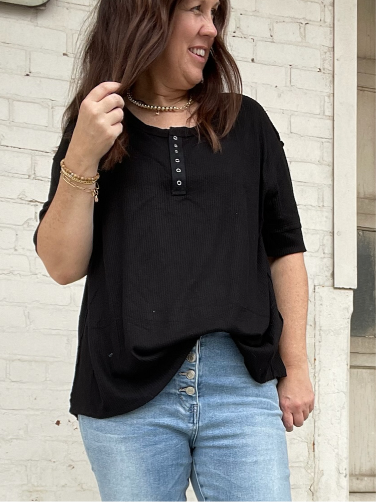 Leila Ribbed Henley Top - Black