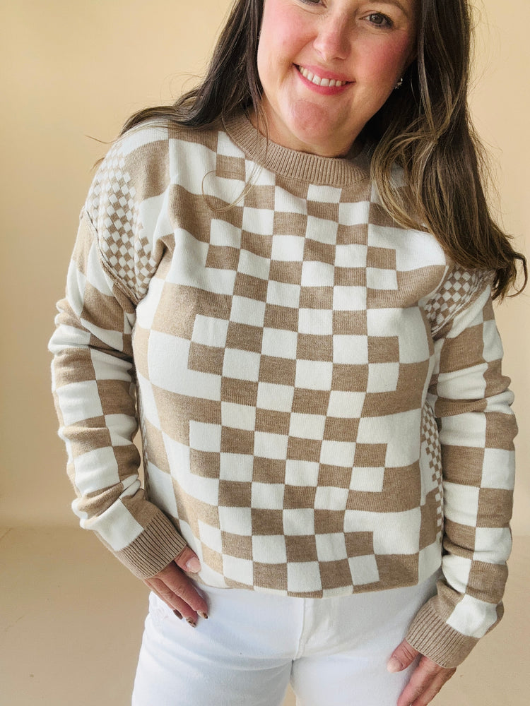 Checkered Print Drop Shoulder Round Neck Sweater