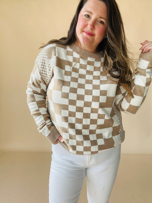 Checkered Print Drop Shoulder Round Neck Sweater