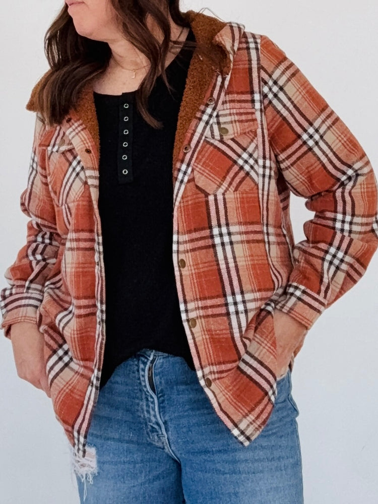 Plaid Pattern Sherpa Lined Hooded Shacke