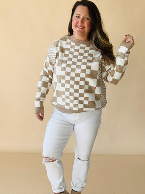 Checkered Print Drop Shoulder Round Neck Sweater