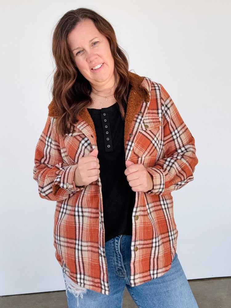 Plaid Pattern Sherpa Lined Hooded Shacke