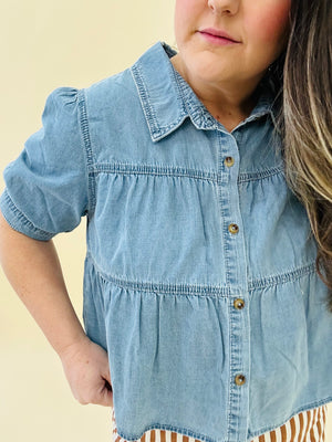 Tiered Denim Button-Up Shirt