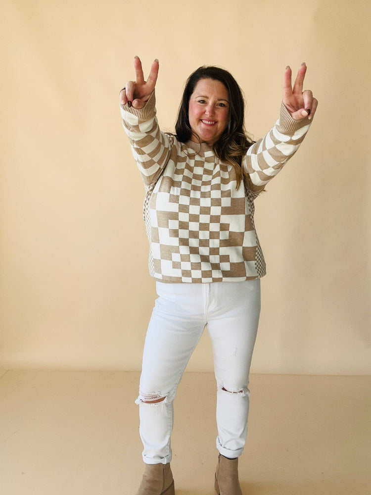 Checkered Print Drop Shoulder Round Neck Sweater