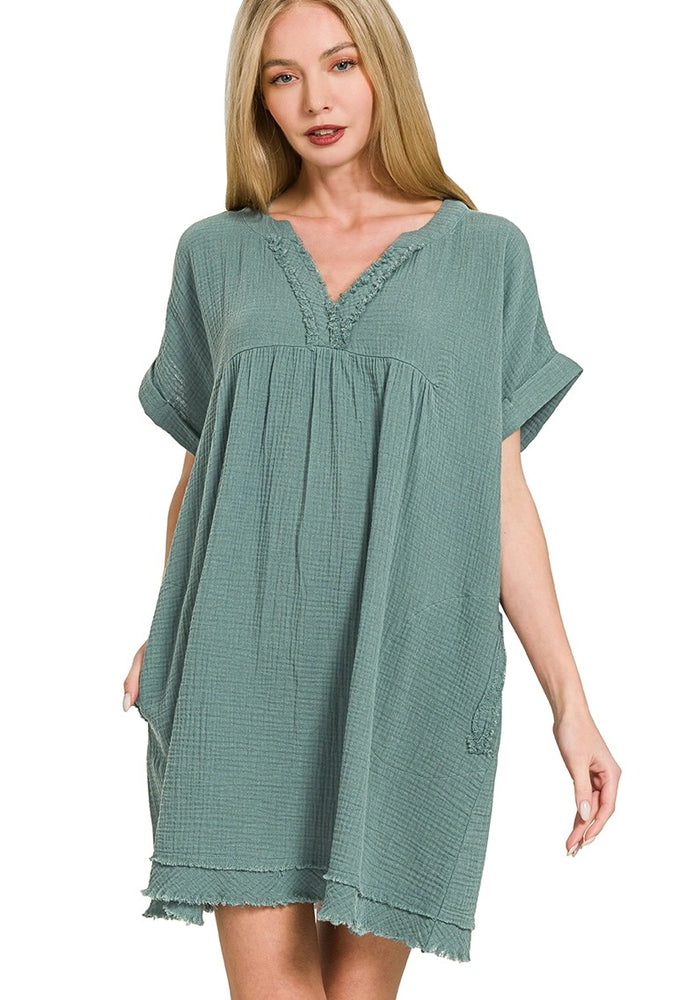 crinkle gauze embroidered mini dress Crinkle Gauze Embroidered Mini Dress