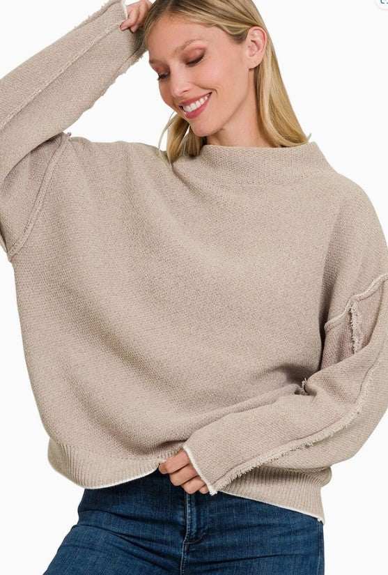 Oversized Mock Neck Raw Seam Chenille Sweater