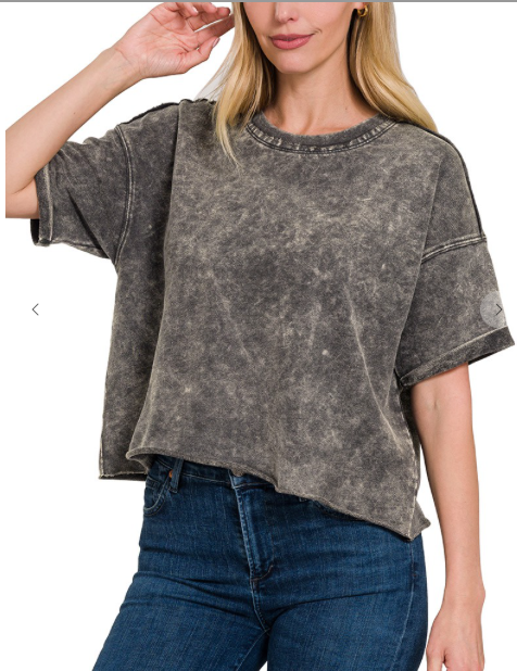 French terry washed raw edge short sleeve crop top