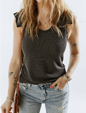 Gray Ruched Shoulders Ribbed Knit Tank Top