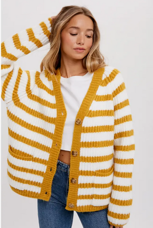 Ivory and Mustard Button Up Stripe Cardigan