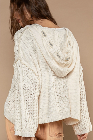 Oversize Fit V-Neck Hooded Cable Knit Chenille Sweater