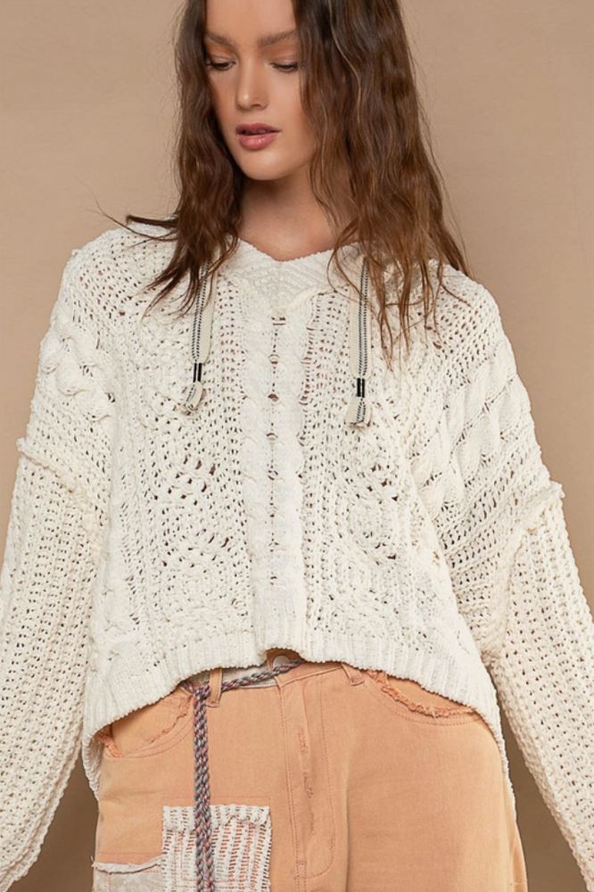 Oversize Fit V-Neck Hooded Cable Knit Chenille Sweater