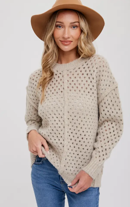 Open Knit Crew Neck Pullover