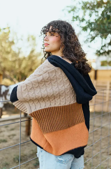 V Neck Hooded Color Block Oversize Sweater