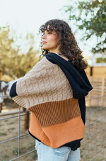 V Neck Hooded Color Block Oversize Sweater