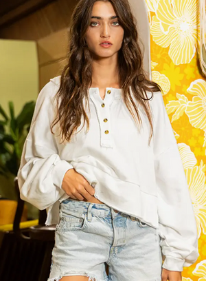 Lantern Sleeve Button-Up French Terry Crop Top