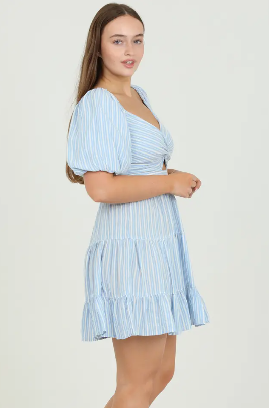 Striped Dress with Bubble Sleeves and Cut Out