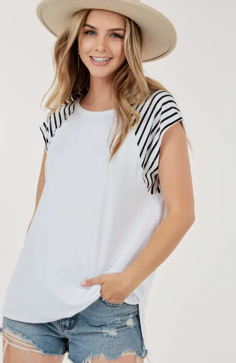 Round Neck Top with Striped Sleeves