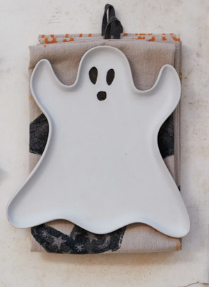 Stoneware Ghost Shaped Plate, Matte White & Black