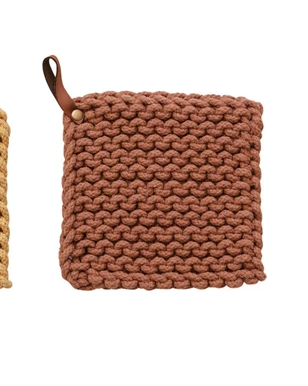 Cotton Crocheted Pot Holder w/ Leather Loop