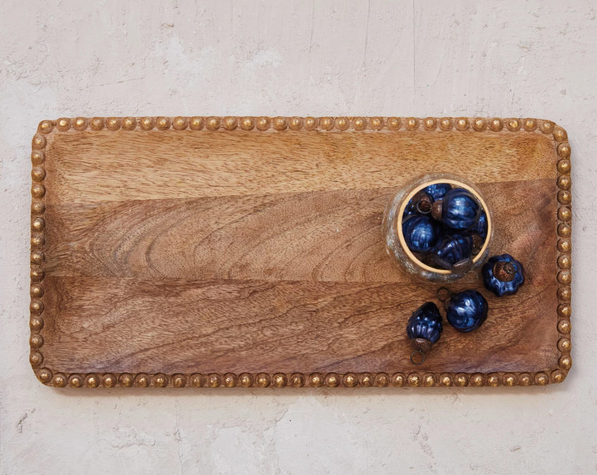 Carved Mango Wood Tray w/ Wood Beads