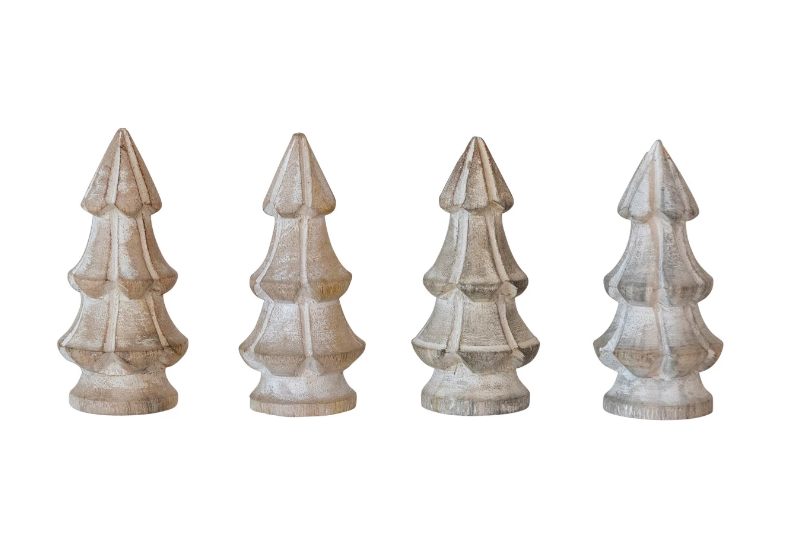 Carved Mango Wood Christmas Trees, Whitewashed, Boxed Set of 4