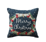 Square Cotton Printed Pillow w/ Wreath, Embroidery, Beads & Pom Poms