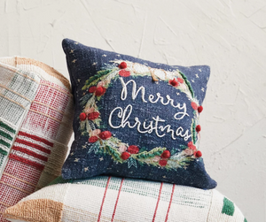 Square Cotton Printed Pillow w/ Wreath, Embroidery, Beads & Pom Poms