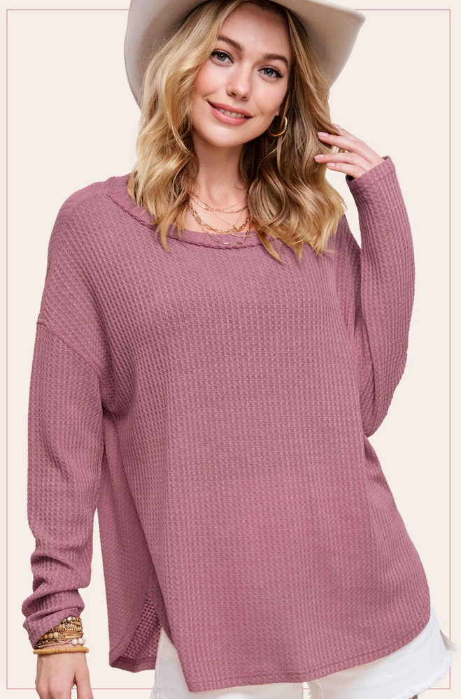 Brushed Waffle Fabric Loose Fit Long Sleeve Top