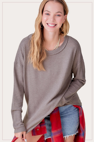 Brushed Waffle Fabric Loose Fit Long Sleeve Top