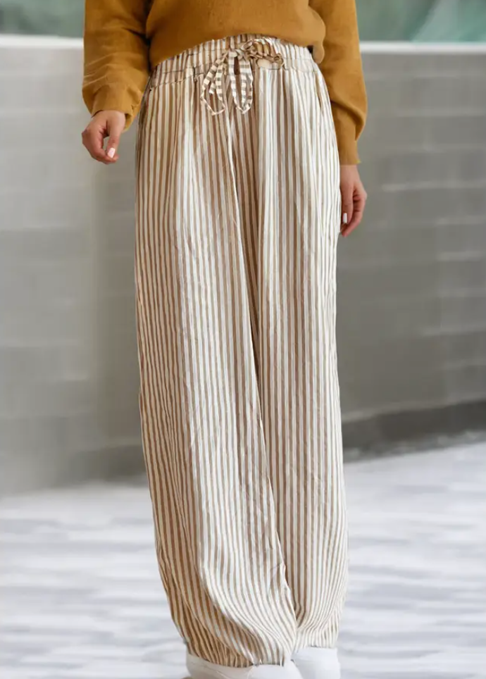 Stripe Print Wide Leg Drawstring Pants