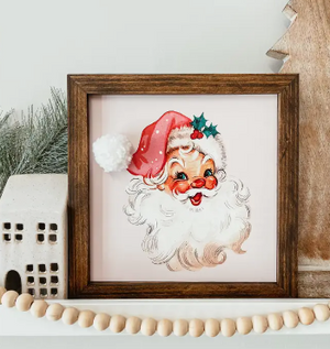 Vintage Santa with Pom Pom Hat Framed Wood Christmas Sign