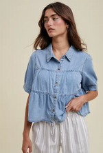 Tiered Denim Button-Up Shirt