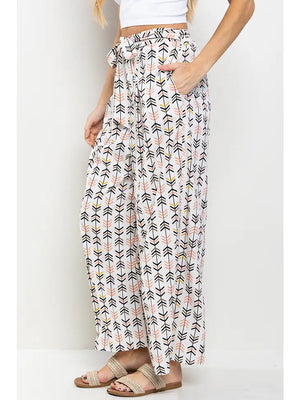 Woven Print Self Tie Front Wide Pants