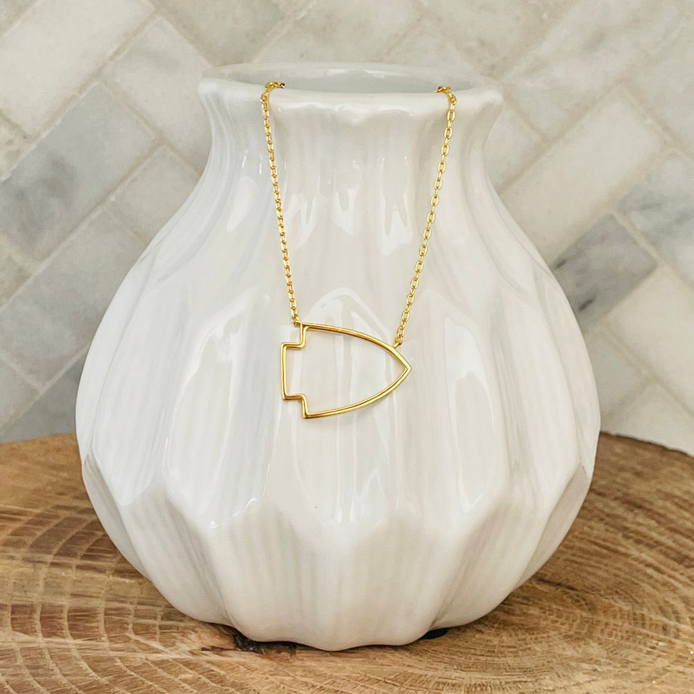 
                  
                    No matter where you go, you can show off your support for your favorite Kansas City team with this gold arrowhead necklace. Made of high-quality gold, this necklace is a must-have for any fan. Whether you're dressing up for a game or just accenting your everyday style, this necklace is a great way to show your KC love.  KC Arrowhead Necklace 18K gold plated 18 inch necklace with 3 inch extender
                  
                