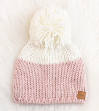 Color block knit hat with large pom accent Blush