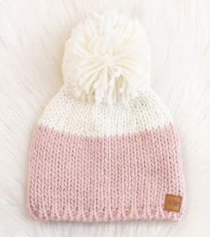 Color block knit hat with large pom accent Blush