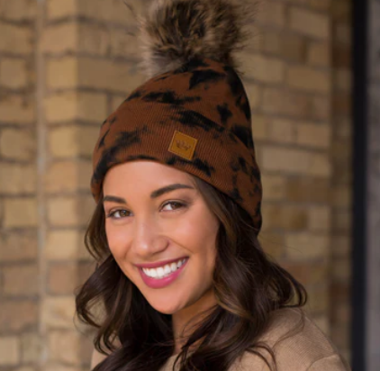 Brown and Black Tie Dye Knit Hat with Fur Pom