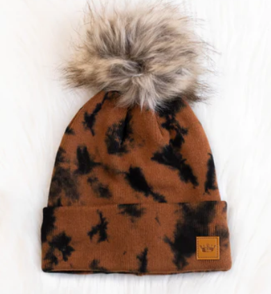 Brown & black tie dye knit hat with pom Fleece Lined Each hat is hand-dyed for character, no two pieces are the same 100% Cotton
