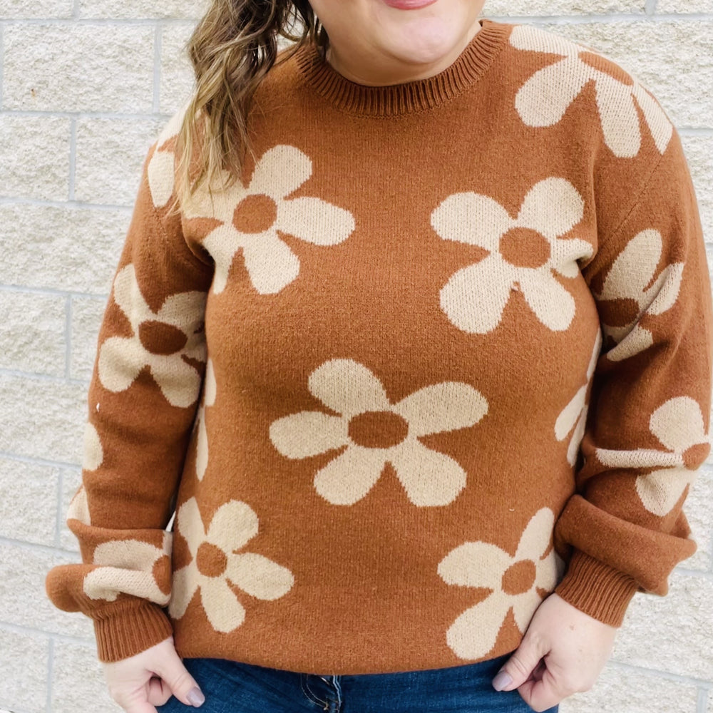 A little bit of daisy love for your wardrobe. This soft and cozy sweater is perfect for keeping you warm and cozy. With an all-over daisy print, it's a fun and stylish addition to your wardrobe. Layer it under a shacket or wear it on its own. No matter how you style it, this sweater is sure to keep you comfortable and stylish all season long.  Details Daisy All Over Print Color Brown Cozy Sweater Loose Fit