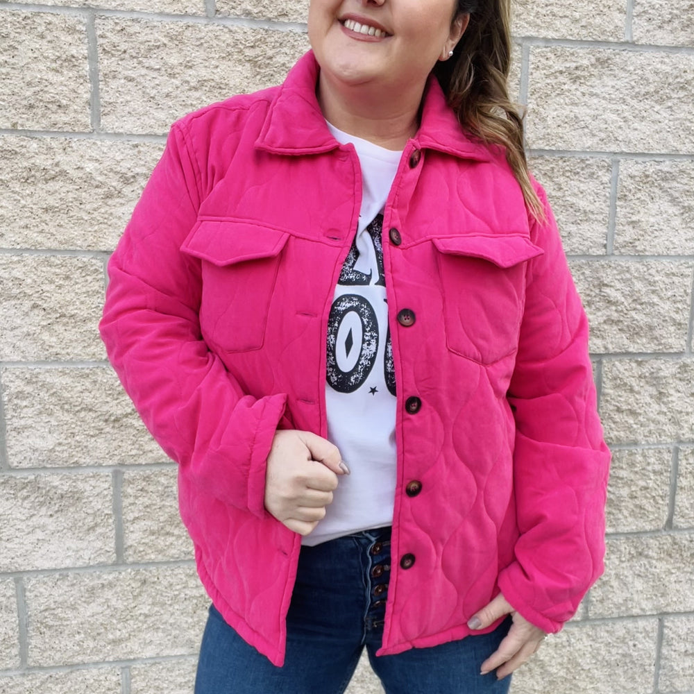 A lightweight jacket to take you from season to season. With a lightweight quilted fabric, this jacket is perfect to layer over your favorite outfits. This warm and cozy jacket goes with everything! The front buttons and side pockets add a touch of style. With this jacket, you'll be able to stay comfortable and warm no matter what the weather throws your way.  Details Front Button Closure Lightweight Side Pockets Relax Fit 100% Polyester Colors Hot Pink and Blush Great for Layering
