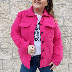 A lightweight jacket to take you from season to season. With a lightweight quilted fabric, this jacket is perfect to layer over your favorite outfits. This warm and cozy jacket goes with everything! The front buttons and side pockets add a touch of style. With this jacket, you'll be able to stay comfortable and warm no matter what the weather throws your way.  Details Front Button Closure Lightweight Side Pockets Relax Fit 100% Polyester Colors Hot Pink and Blush Great for Layering