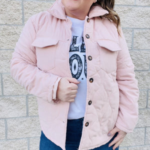 A lightweight jacket to take you from season to season. With a lightweight quilted fabric, this jacket is perfect to layer over your favorite outfits. This warm and cozy jacket goes with everything! The front buttons and side pockets add a touch of style. With this jacket, you'll be able to stay comfortable and warm no matter what the weather throws your way.  Details Front Button Closure Lightweight Side Pockets Relax Fit 100% Polyester Colors Hot Pink and Blush Great for Layering