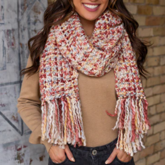 Pink, grey, cream loom woven long scarf with fringe, 100% Acrylic,  16