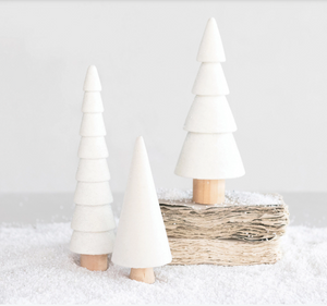 Flocked Wood Trees with Glitter, White, Set of 3