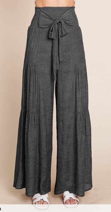 Tie front ruched waist back pants