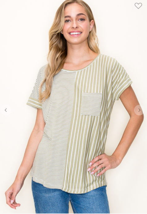 The Round Neck Terry Stripe Top is crafted from mixing classic ticking stripes with luxurious terry fabric, providing a timeless look that easily blends with any style. The chest pocket increases convenience and fashionability, while the round neck and short sleeves complete the look with a timeless silhouette. Ideal for a range of occasions, this top ensures you always look your best.  Light Olive Striped  Round Neck  Summer Spring  Front Pocket 